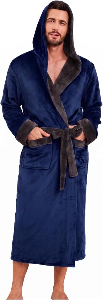Mens Hooded Robe, Soft Warm Fleece Long Bathrobe with Pockets