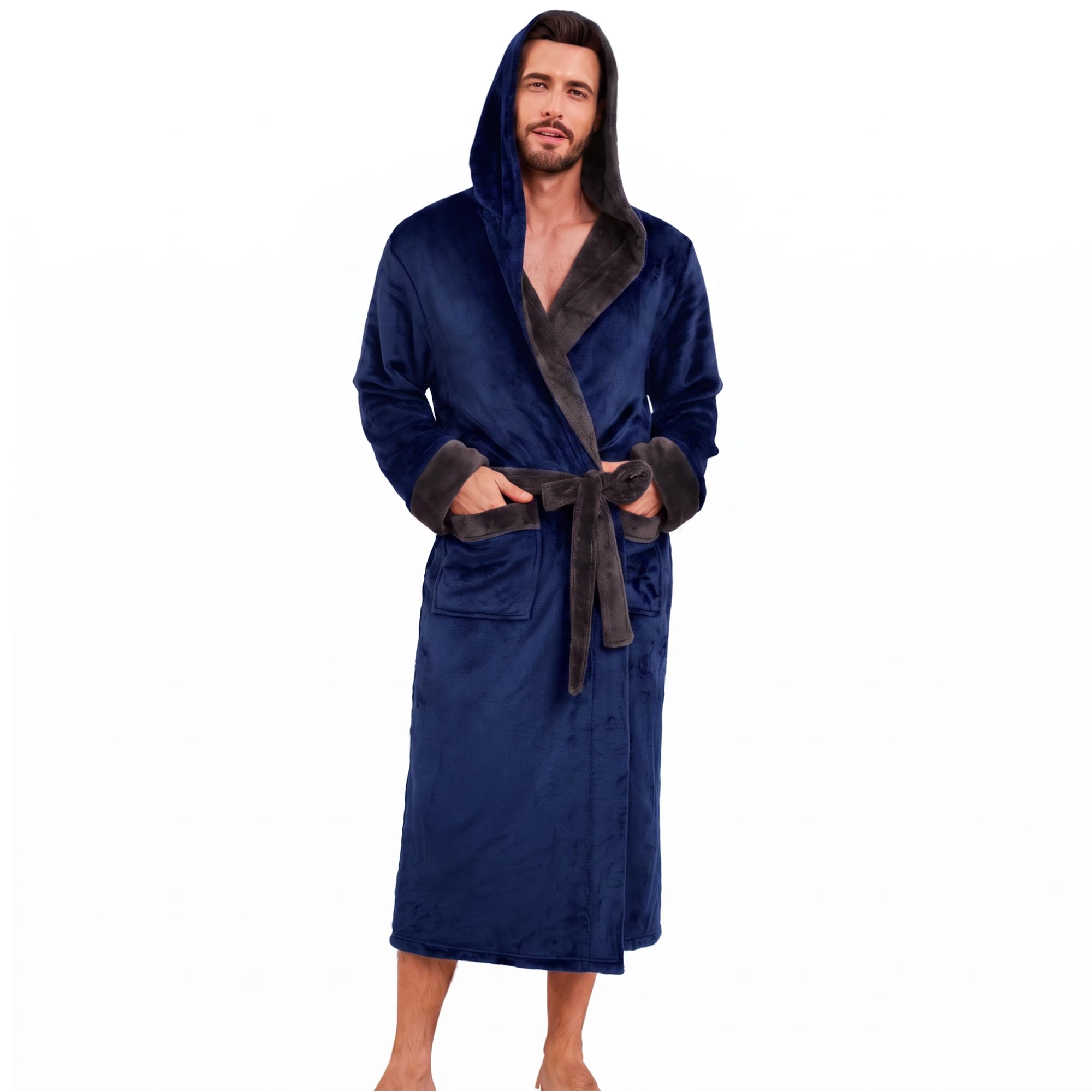Men's Hooded Robe, Soft Warm Fleece Long Bathrobe with Pockets
