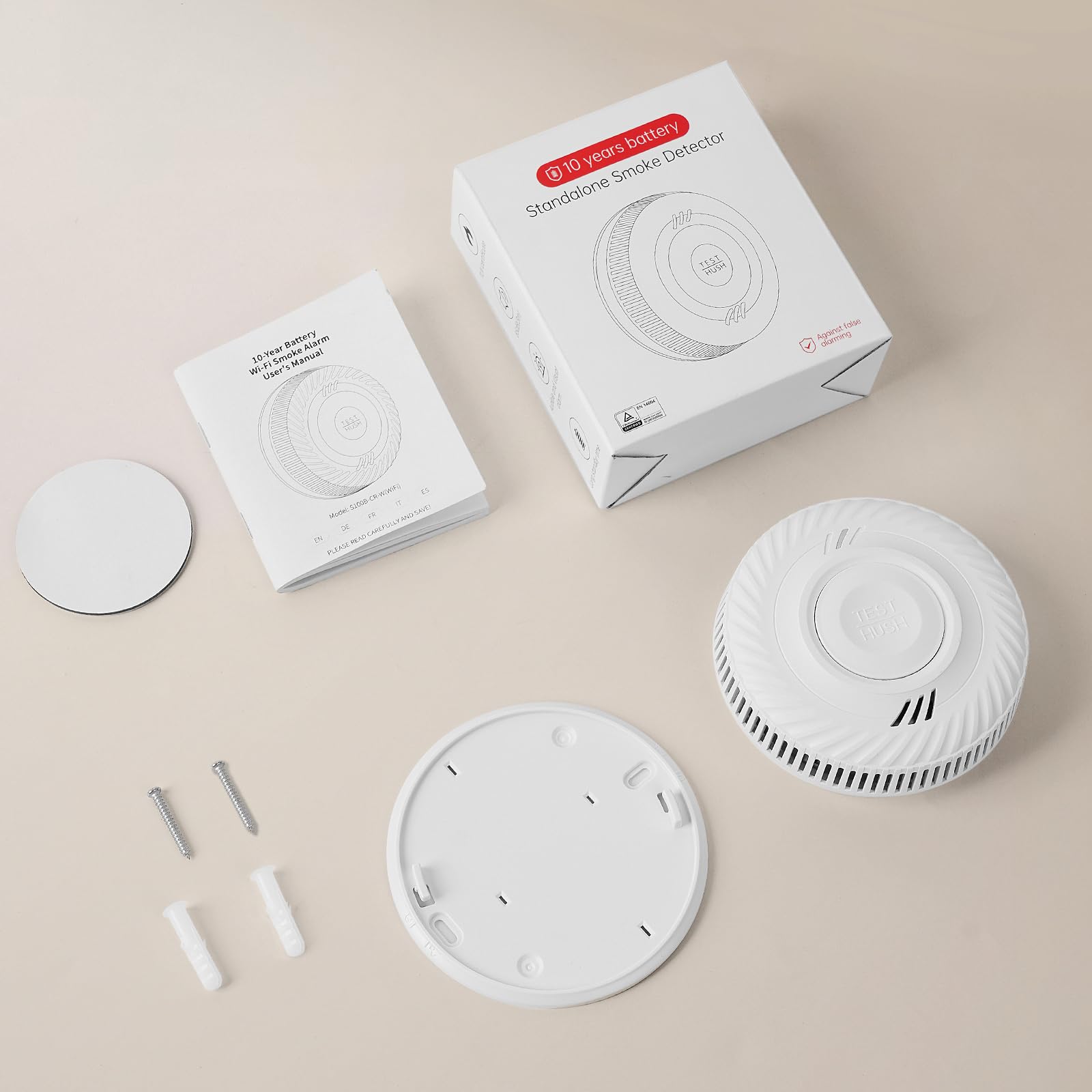 PHYSEN Inteligentny Czujnik Dymu WiFi z Baterią na 10 lat, Czujnik Dymu z Sensorem Fotoelektrycznym, Alarm Przeciwpożarowy Zgodny z Normą EN14604, Kompatybilny z Aplikacją Tuya/Smart Life, 1 Szt