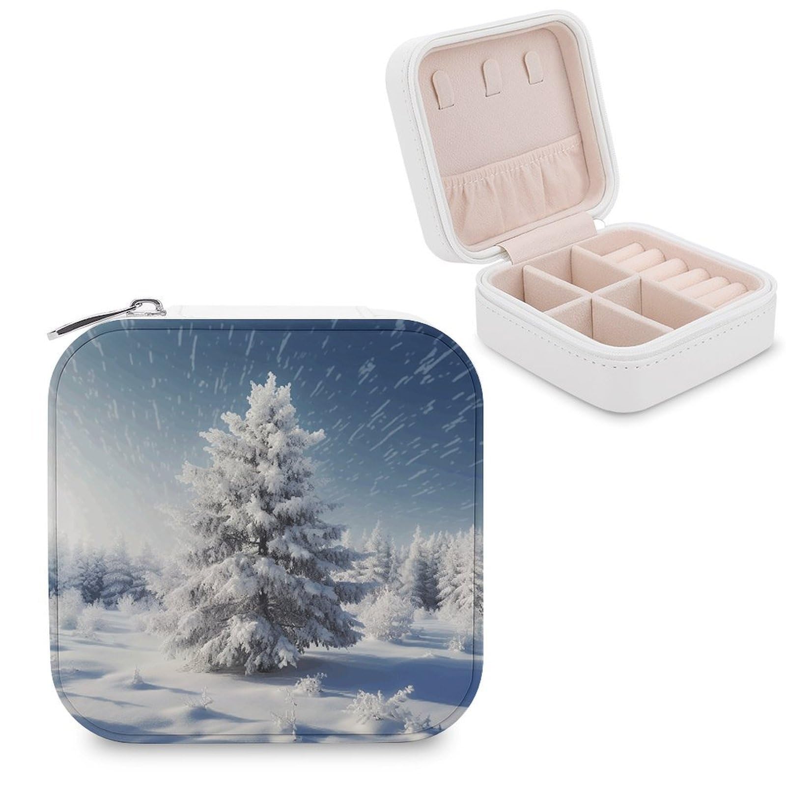 MUSM Snow Pine Tree Christmas Travel Jewelry Case Personalized PU Leather Jewelry Boxes for Women Small Portable Jewelry Organizer Box Cute Trinket Box for Necklaces Rings Earrings & Gifts