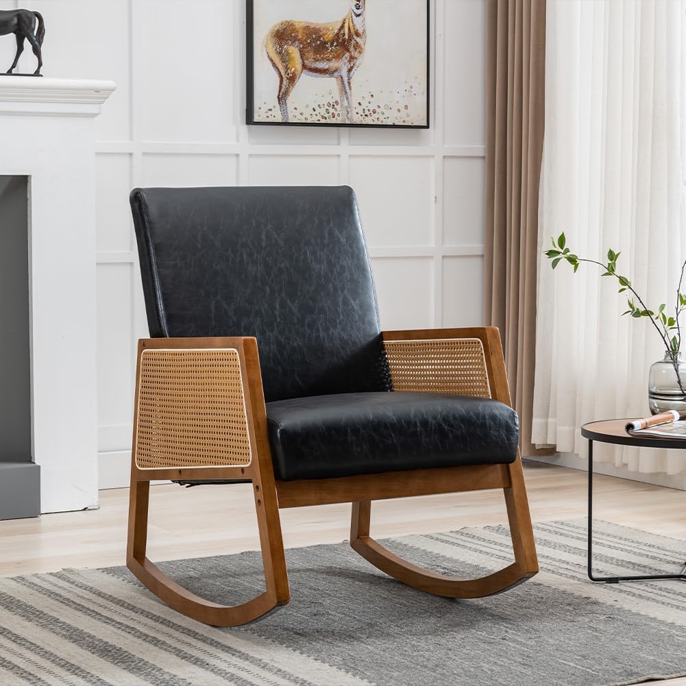 Upholstered Glider Rocker for Nursery, Comfortable Rocking Chair with High Backrest, Armchair Comfy Side Chair, for Living Room Bedroom Offices Black PU PU Leather