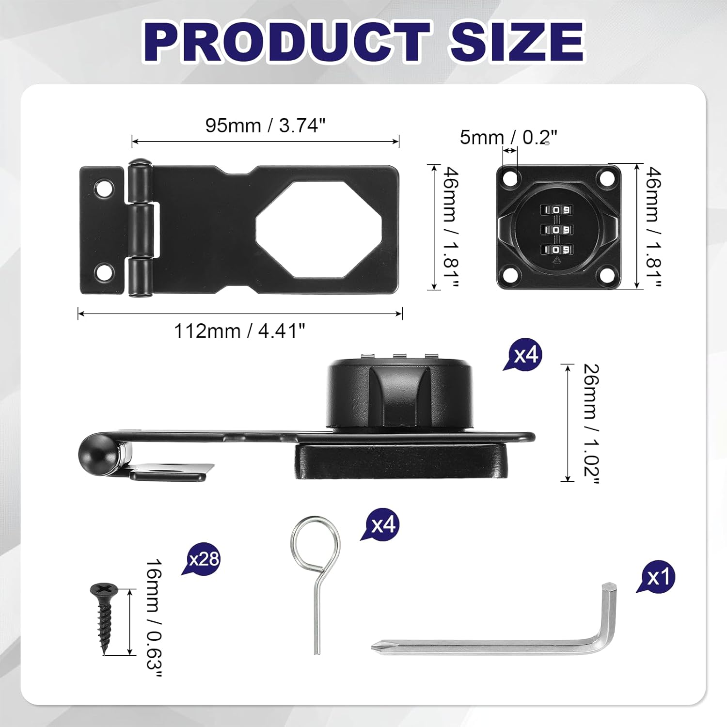 4 Pcs Keyless Cabinet Lock with Combination Code (3.5 Inch) - 3-Digit Password Hasp Latch Lock Mechanical Password Rotary Hasp, for Drawer Closet Cupboard Fence Door, Black