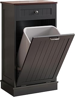 KIGOTY Tilt Out Trash Cabinet,Wooden Kitchen Trash Bin Holder Garbage Bin Recycling Cabinet Laundry Hamper with Solid Wood Countertop and Hideaway Drawer (Black)