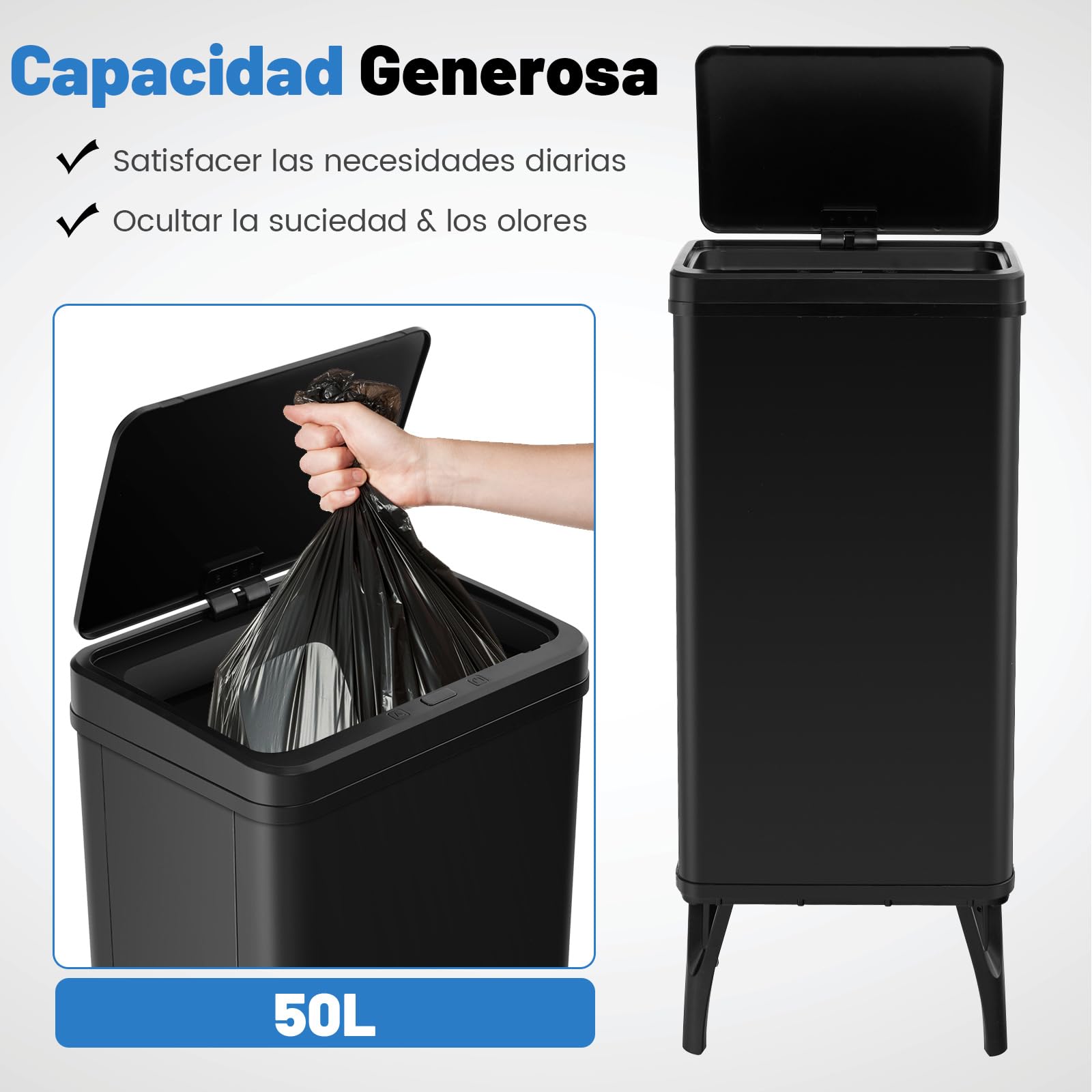 COSTWAY Cubo de Basura Cocina 50 L, Papelera Cocina Inteligente con Sensor de Movimiento Automático, Patas Desmontables, Cubo Basura de Metal de Diseño Elevado, para Cocina, Oficina (Negro)