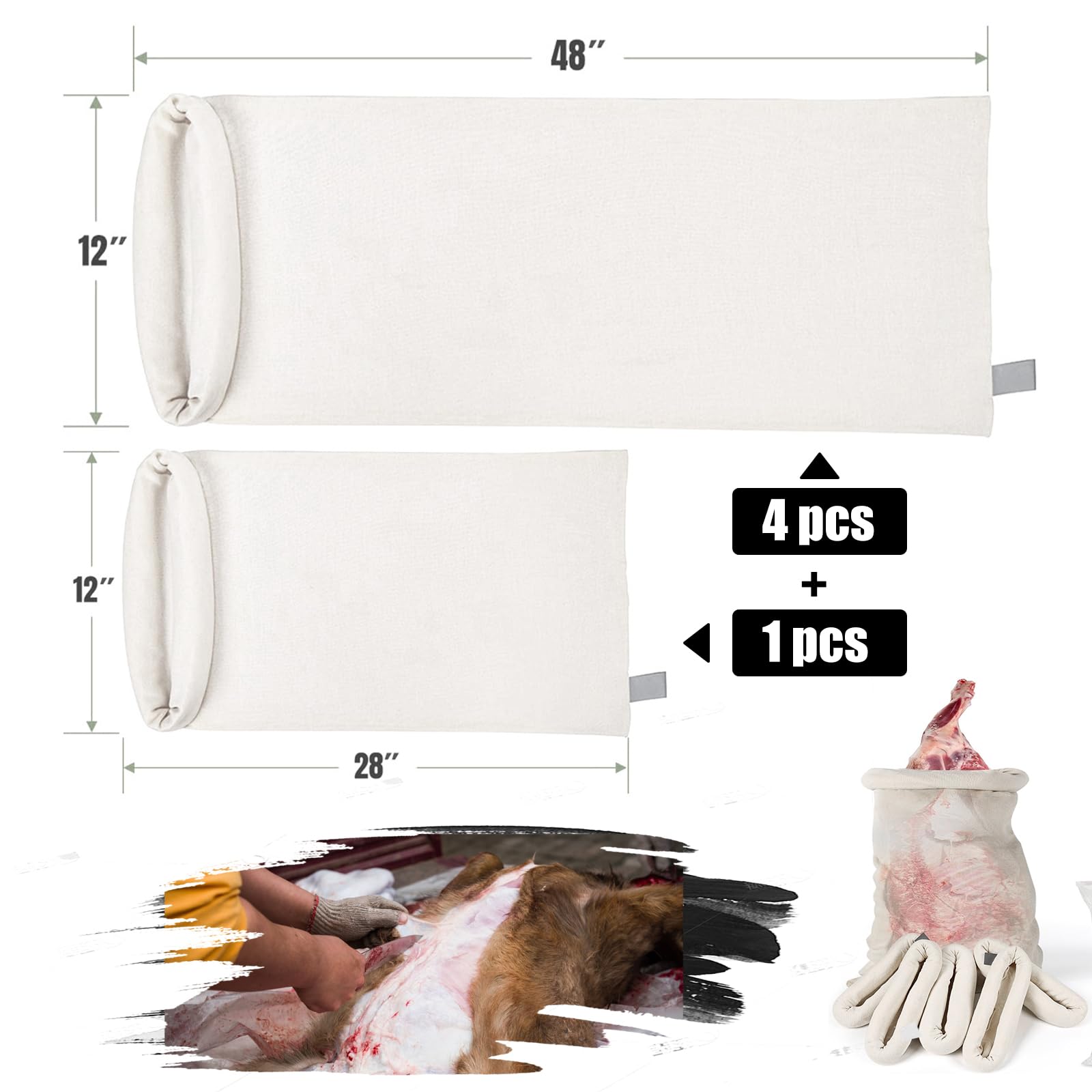 ELEMONY Elk Game Bags Hunting Meat Bags, 5-Pack Rolled Deer Game Bags, Reusable & Breathable Meat Game Bags with Reflective Strip for Elk, Caribou, Deer, Moose, Antelope, Duck