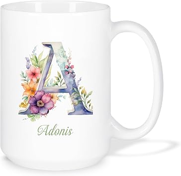 Personalized Floral Letter A Alphabet Coffee Mug, Unique Custom Name White Travel Cup, Custom Floral Monogram Initial Mug, Alphabet Letter Monogram A Tea Mugs, Floral Ceramic Cups