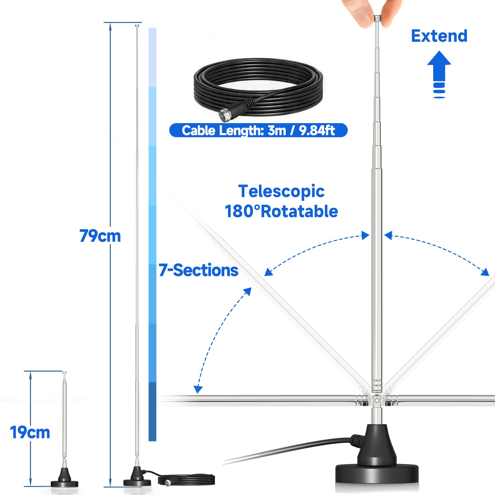 Bingfu Antenne Radio Dab FM Intérieure Télescopique 79 cm Antenne Numérique Amplifiée Maison avec Base Magnétique Câble de 3m pour Chaine HiFi Ampli Tuner FM Dab+ Dab Poste Radio Récepteur AV Stéréo