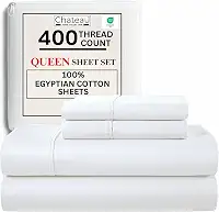 Jogo de cama queen size 100% algodão egípcio, jogo de cama queen com bolso profundo, 400 fios, naturalmente fresco, macio, respirável, sem comprimidos, elástico, luxuoso, branco, para todas as