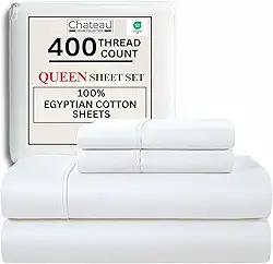 Jogo de cama queen size 100% algodão egípcio, jogo de cama queen com bolso profundo, 400 fios, naturalmente fresco, macio, respirável, sem comprimidos, elástico, luxuoso, branco, para todas as