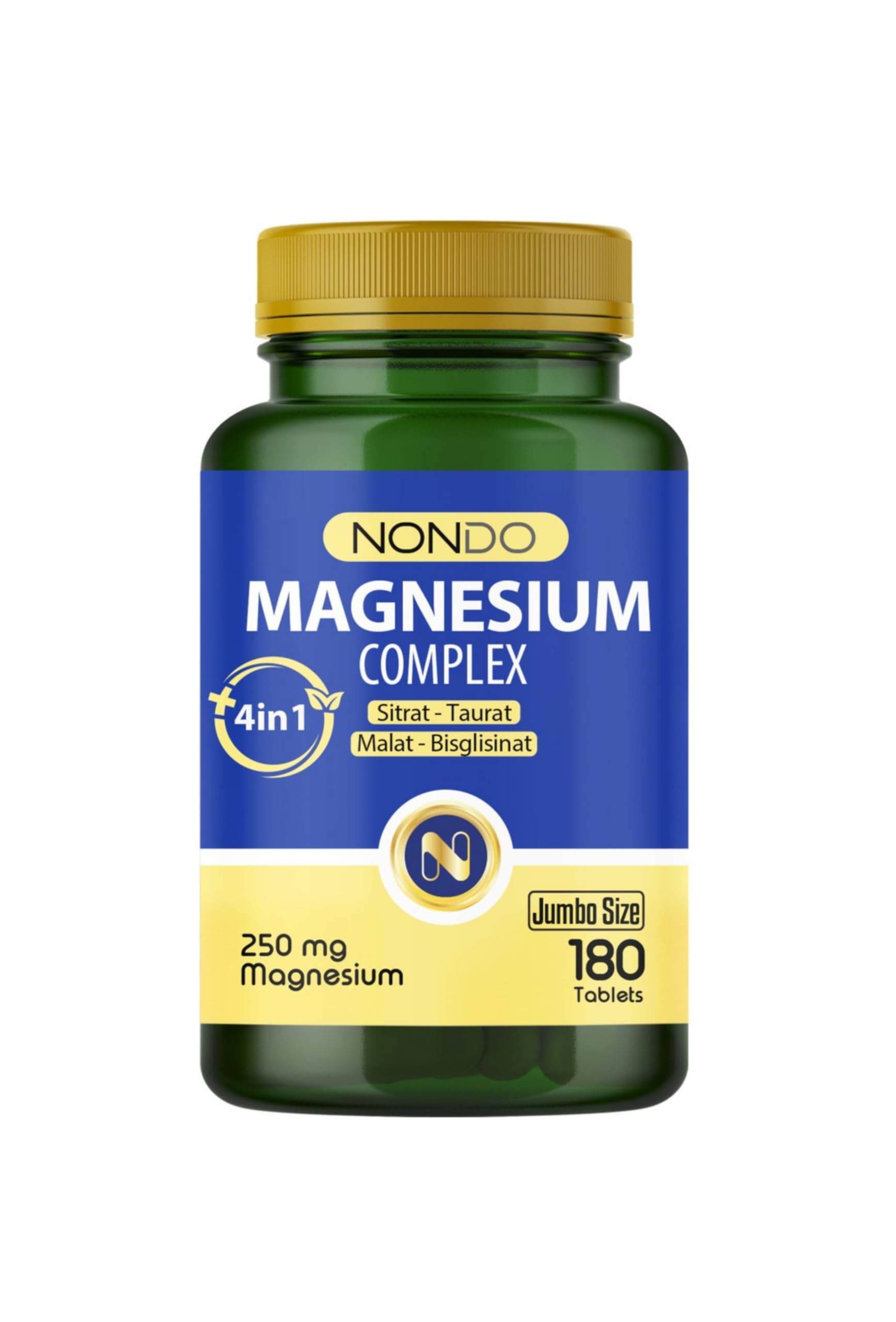 Nondo Magnezyum Kompleks 180 Tablet Jumbo Boy 250 mg 4 Form, Sitrat, Taurat, Malat, Bisglisinat