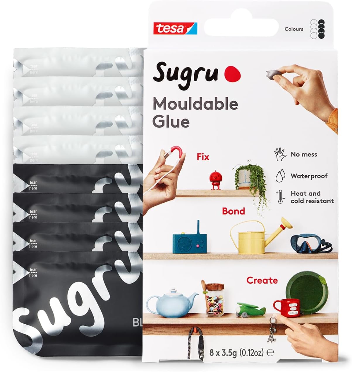 Sugru by tesa - Mouldable Multi-Purpose Glue for Creative Fixing and Making, Black & White, 8-Pack