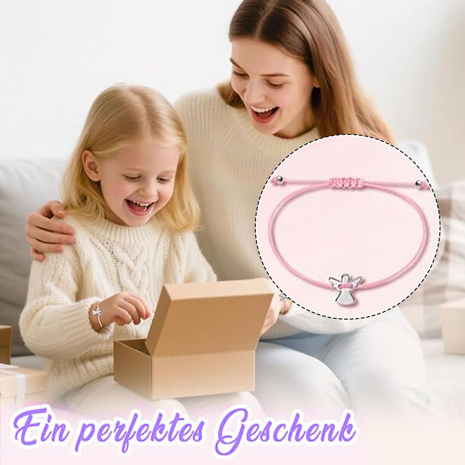 Ange Gardien en Cordon tressé,Cordon tressé argenté,Réglable,Petit Cadeau pour Communion,Cadeau de baptême pour filles et garçons,Acier Inoxydable (Bleu)