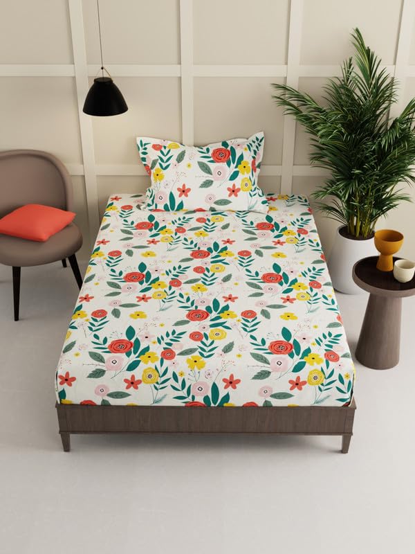 Image of Avinya Cotton Single Size Elastic Fitted Single Bedsheet (72x48x6) with 1 Pillow Covers (Red Flower)