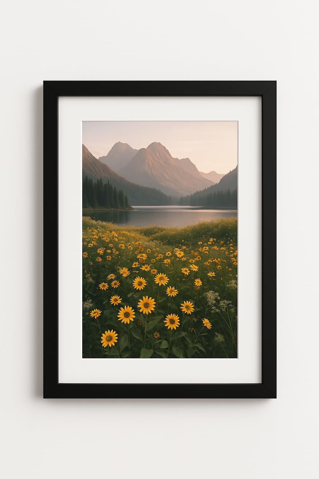 Natural Wood Photo Picture Poster Print Frame with White Mount Wall or Tabletop Display Shatterproof Styrene, Black, 10" x 10" in 14" x 14" frame