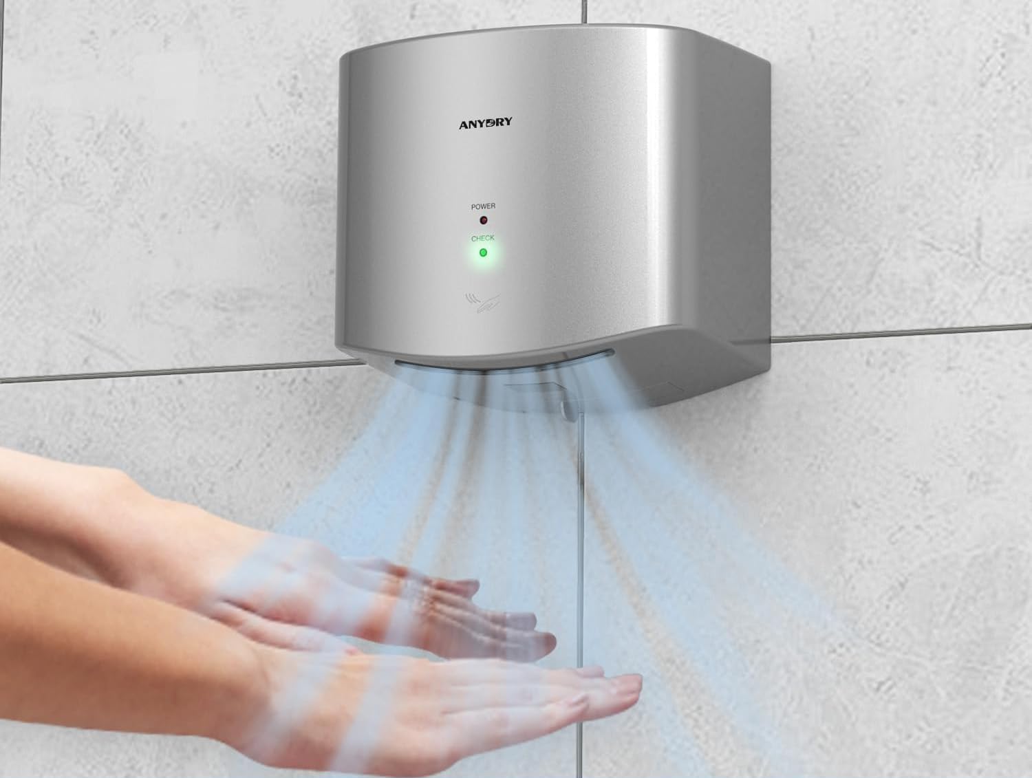 anydry 2630S sèche-Mains Compact, sèche-Mains électrique, Commercial ou Domestique, sèche-Mains Automatique à Grande Vitesse, sèche-Mains pour Toilettes.Logement ABS.1400-1650W.(Argenté)