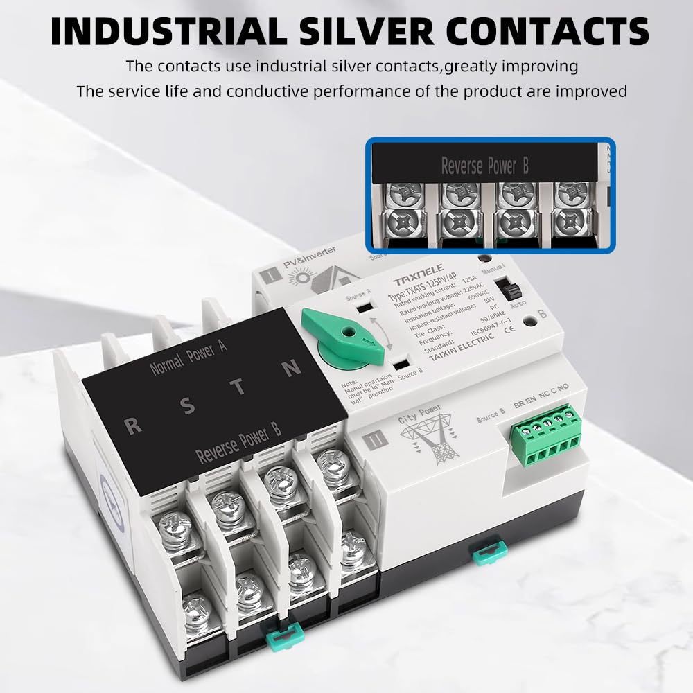 Selettore interruttore di trasferimento automatico a doppia alimentazione Alimentazione ininterrotta 4P 63A 100A 125A Interruttore a levetta fotovoltaico Din Rail ATS PV Solar Inverter UPS (125A)