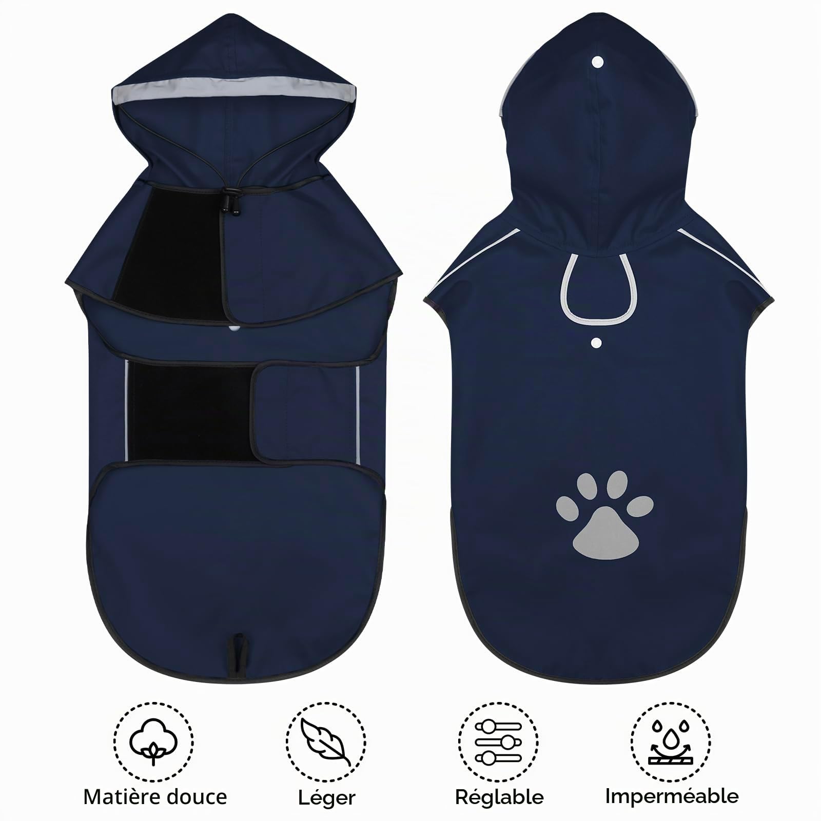 Manteau de Pluie pour Chiens de Grande Taille - Vêtement Imperméable avec Capuche Réfléchissante et Fermeture Velcro Réglable - Ultra Léger pour les Promenades