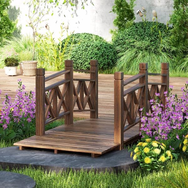 4.7FT Wooden Garden Bridge Arch Stained Finish Footbridge Decorative Backyard Bridge with Double Safety Railings Outdoor Lawn Pond Walkway for Garden Yard Patio Courtyard Farm Creek