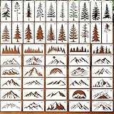 50Pcs Mountain Stencils Pine Tree Painting Stencils Forest Mountains Pine Tree Stencil Plastic Art Drawing Templates DIY Crafts Tree Stencil for Painting on Wood Wall Door Canvas Home Decor 2x4inch