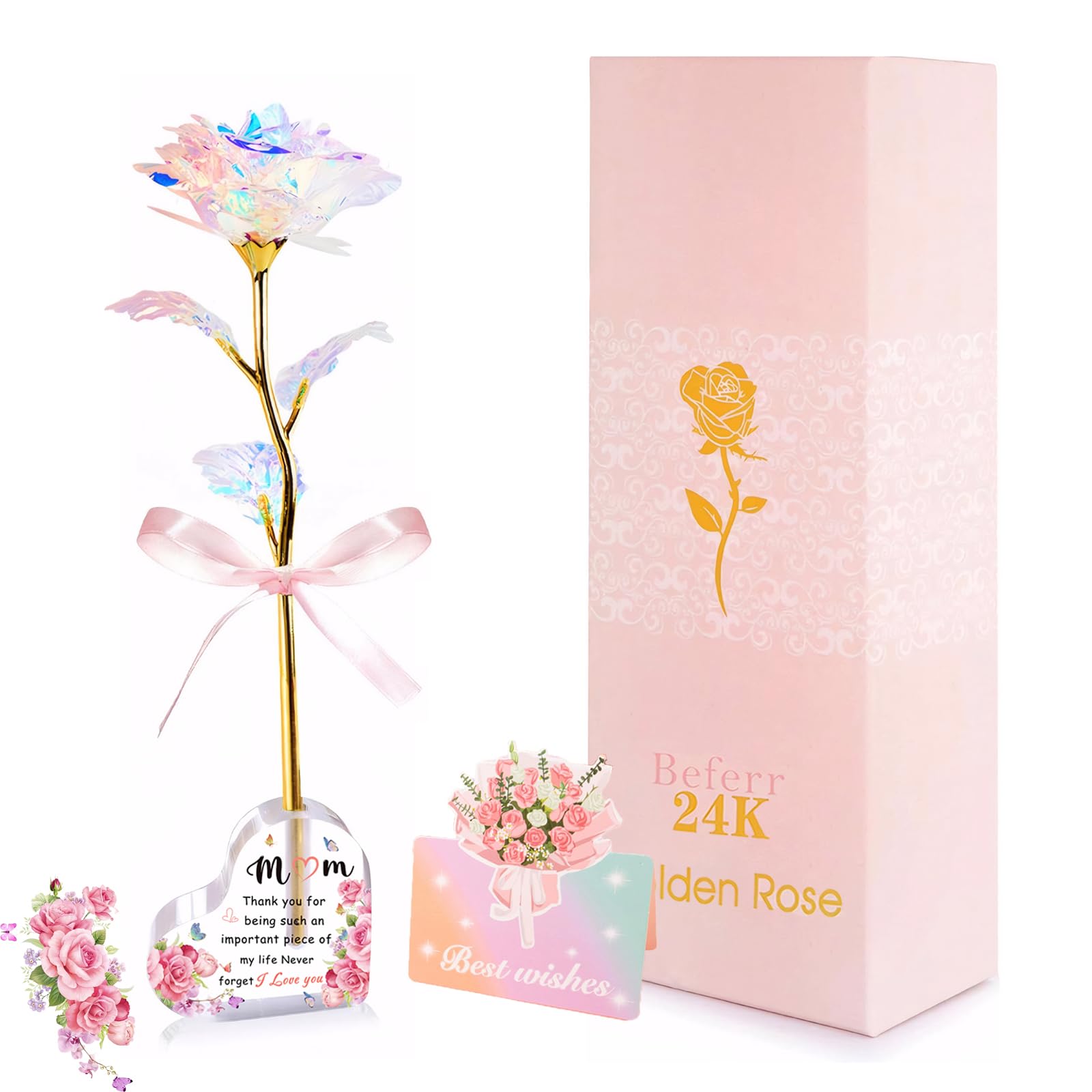 Eyezeeption Women's Colorful Mothers Day Eternal Rose Gifts For Mum,Enchanted Rainbow Flowers Gifts With Heart Base,Eternal Flowers Birthday Gifts For Mum