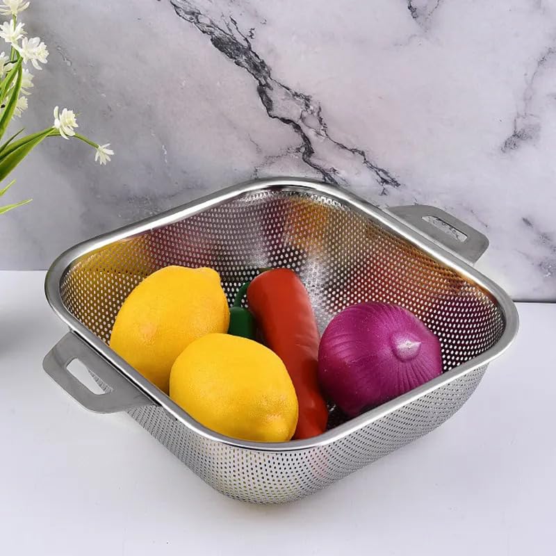 Image of Square-Shaped, Stainless Steel Fruit and Vegetable Rice Cleaning Baskets for Pasta, Noodles, and Kitchen Tools: Elevate Your Washing Bowl Drain Basin Basket(1 pc, Silver-Color),