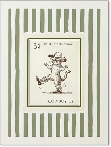 Haitunone Arte de pared vintage con diseño de gato y vaquero, póster de animales caprichosos, retro, rústico, mediados de oeste, estampado de sello