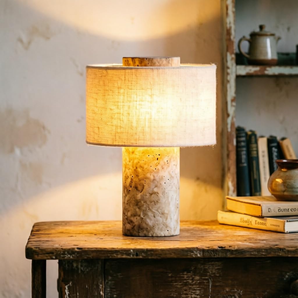 Lámpara de mesa de mármol, lámpara de escritorio de piedra natural y tela, decoración sencilla de lujo for habitación, lámpara de mesita de noche for dormitorio, sala de estar(Travertine,Plug-in)