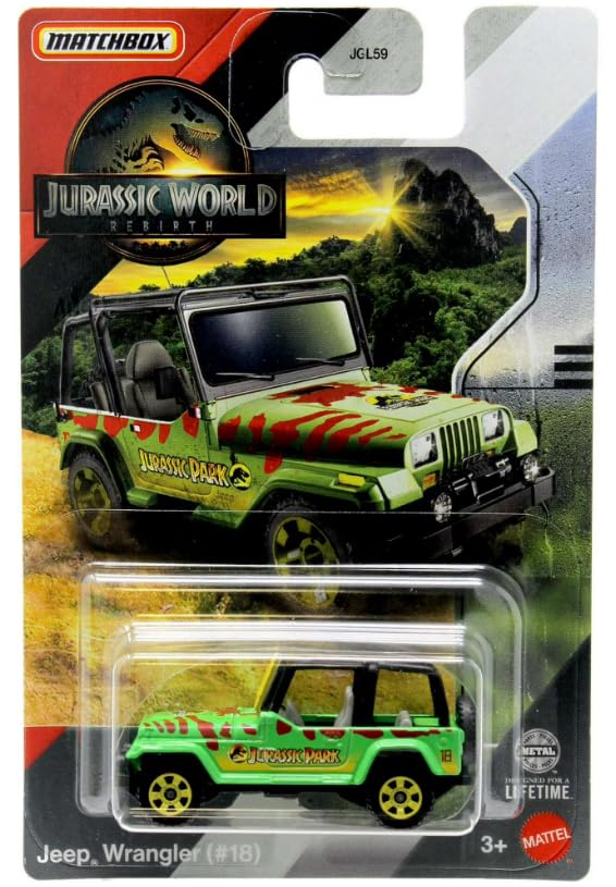 Matchbox Jurassic World Rebirth Jeep Wrangler (#18) [Green] 1:64 Scale Diecast Toy Vehicle