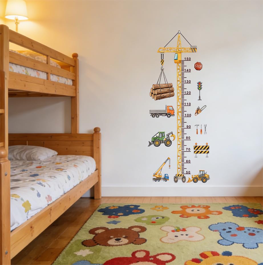Cartoon Car Height Growth Chart for Kids Removable Measure Wall Ruler for Children Nursery Wall Sticker Baby Bedroom Toddler Living Room Playroom Decal (Engineering Vehicle)