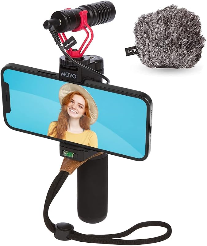 Movo Smartphone Vlogging Kit for iPhone with Shotgun Microphone, Grip Handle, Wrist Strap for iPhone and Android Smartphones for TIK Tok, Vlog, YouTube Starter Kit and Content Creator Kit