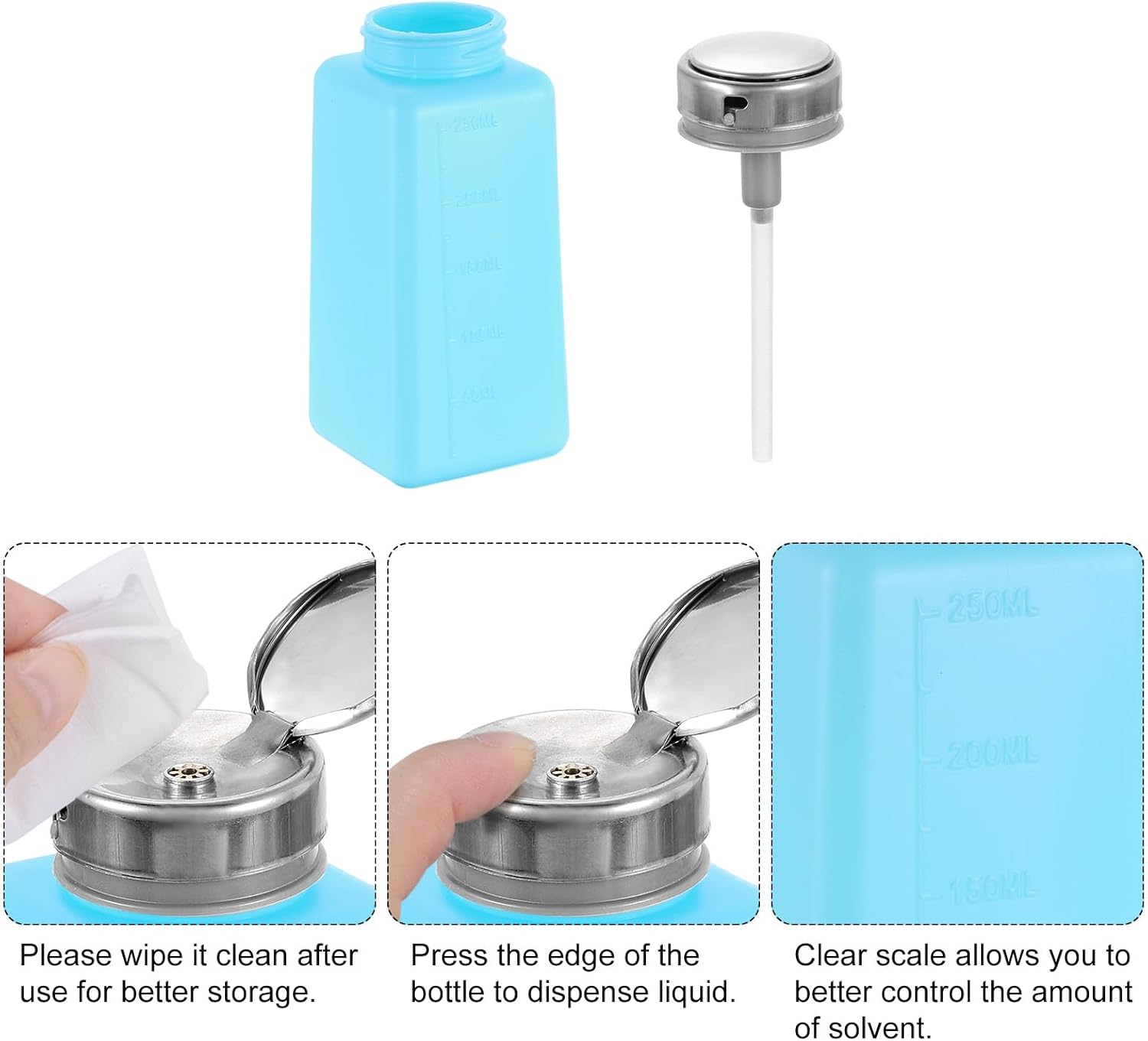 2pcs Solvent Alcohol Dispenser 250ml(8.8oz) Nail Polish Remover Push Down Liquid Dispenser Pump Bottle with Stainless Steel Press Head for Acetone Cleanser Polish Remover, Blue