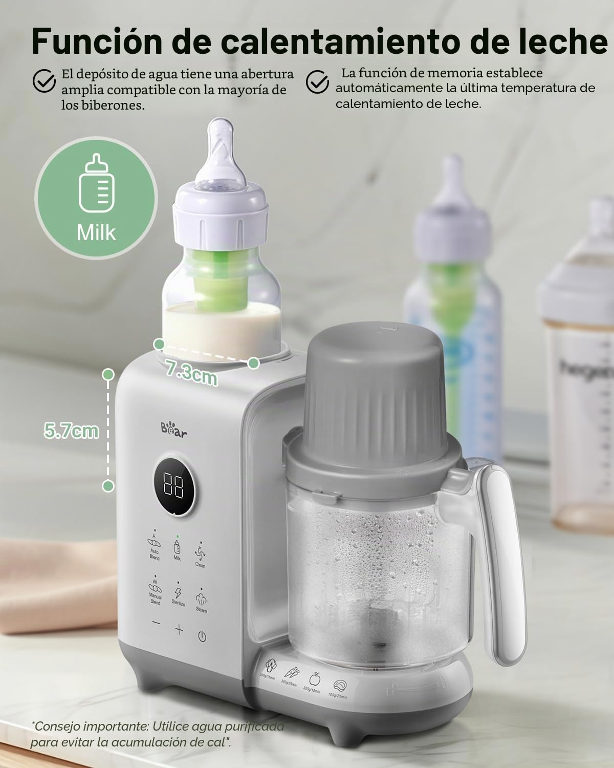 Bear Vaporera 6 en 1 con batidora premium para alimentos para bebés, vapor, agitación automática, calentamiento de leche, desinfección, función de autolimpieza, función de limpieza automática (Blanco)