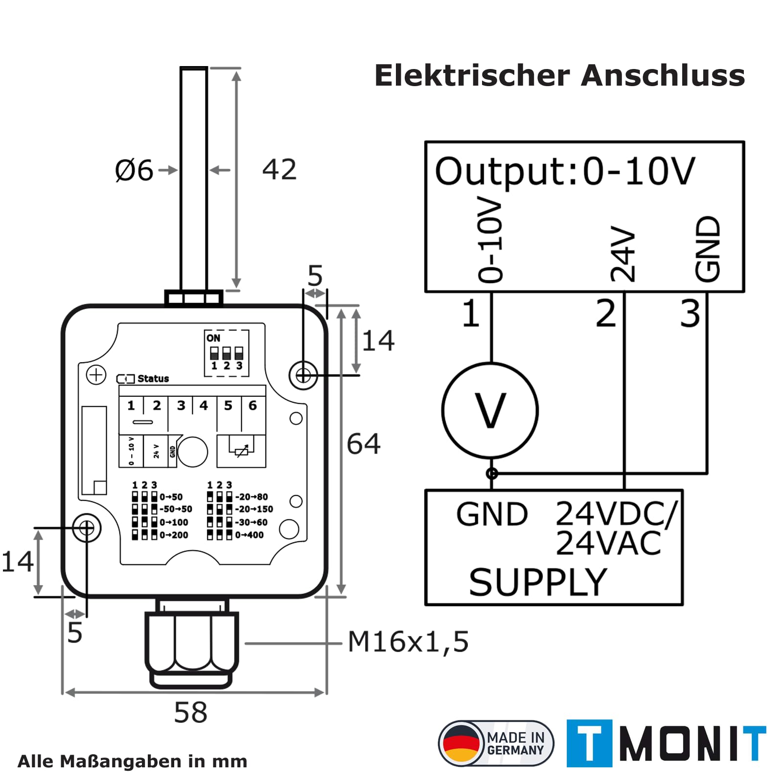 Transducteur de température extérieure 0-10 V ou 4-20 mA | Plage de mesure réglable | Fabriqué en Allemagne | Réponse rapide | Capteur PT1000, IP65, industrie, chauffage, ventilation