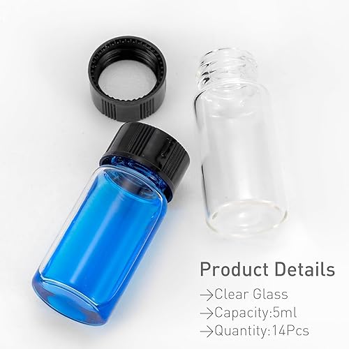 Miniatura 5 de JIUWU 14 frascos de botella de vidrio transparente de 0.2 fl oz y tapa de plástico, pequeño frasco de muestra líquida de 16 oz frasco a prueba de