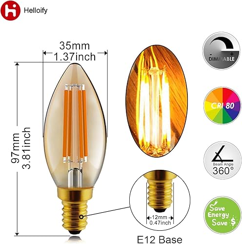 Miniatura 6 de helloify Bombilla LED Edison B11 regulable vintage, equivalente a 60 W, alto brillo, blanco cálido 2500 K, vidrio ámbar, estilo velascandelabro,