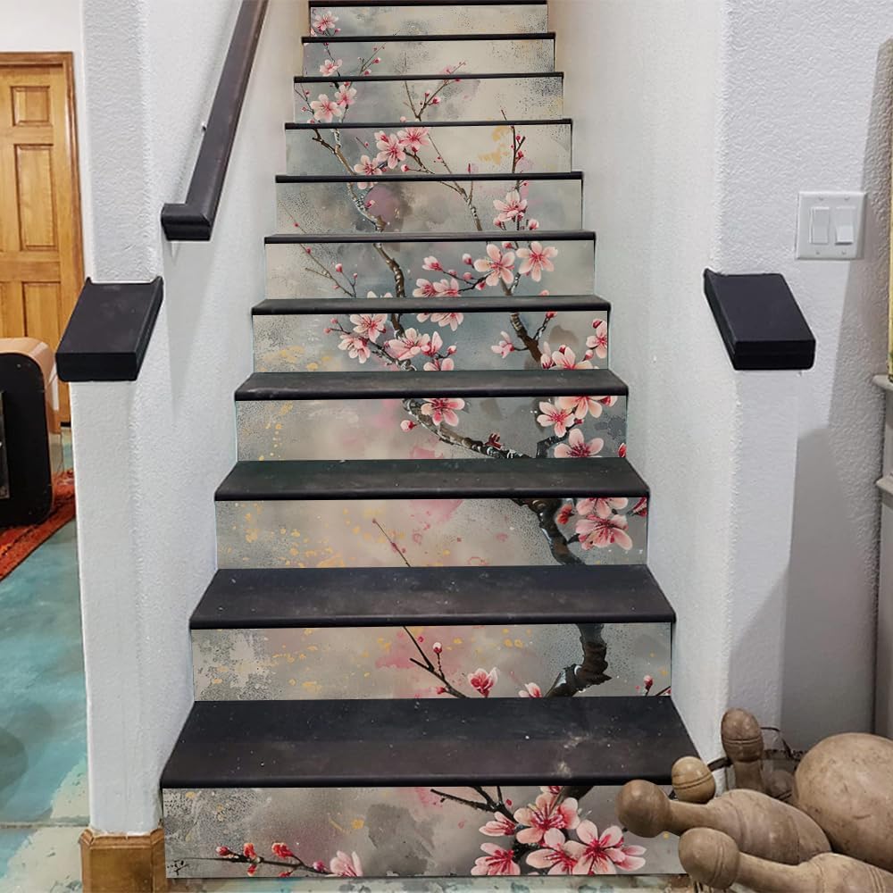 REDAMANCY Vintage Grey Pink Cherry Trees Peel and Stick Vinyl Stair Riser Decals Staircase Tile Stair Stickers Abstract Art Modern Decoration Self-Adhesive Home Decor Stair Decals (14 Pcs)