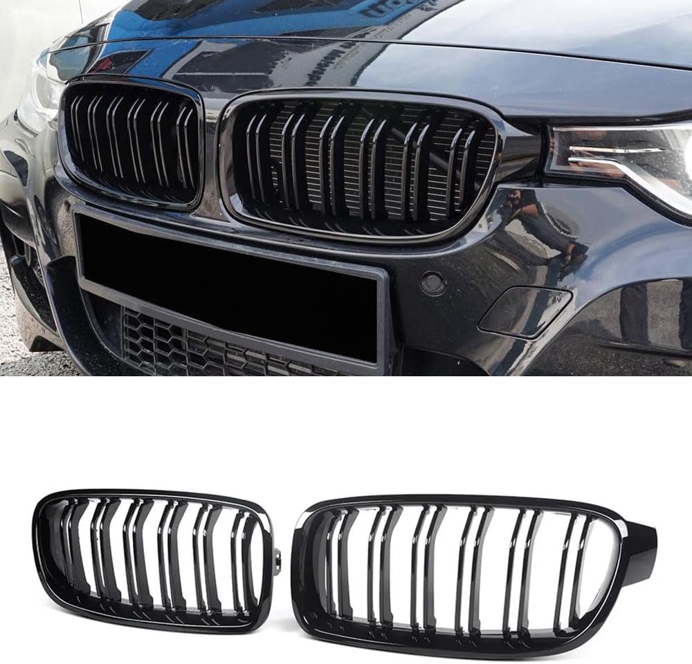 MAXDOM Replacement Front Upper Grill Fit for BMW (2012-2018) 3 Series F30 F31 – Gloss Black Double Slats ABS Grille