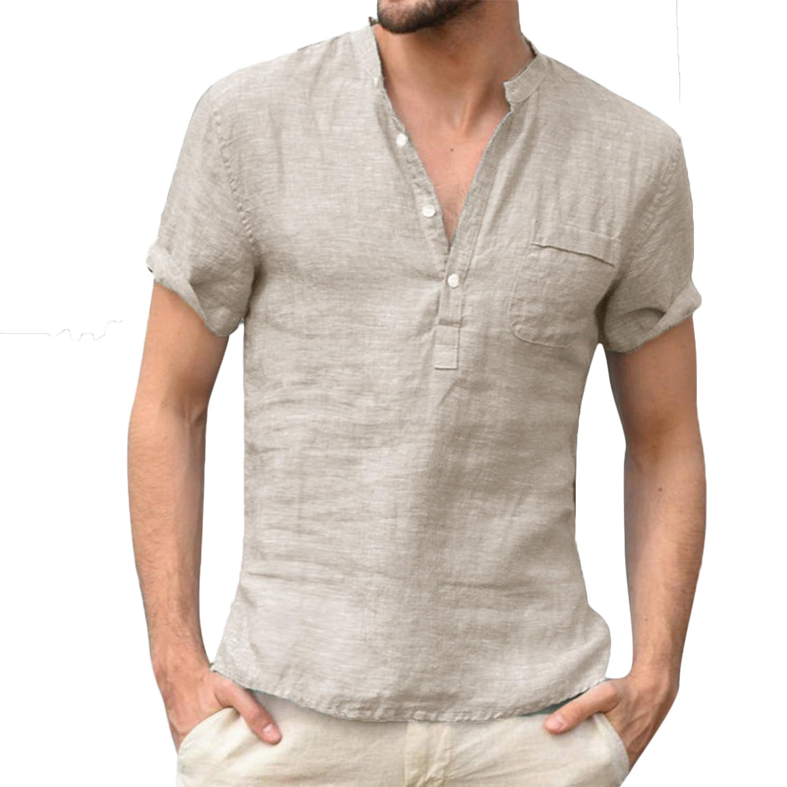 NIBESSER Camisa Lino Hombre Manga Corta Camisa Verano Hombre de Moda Camisa Cuello Mao Hombre Informal con Botónes Henley Shirt Transpirable para Vacaciones Mar Playa