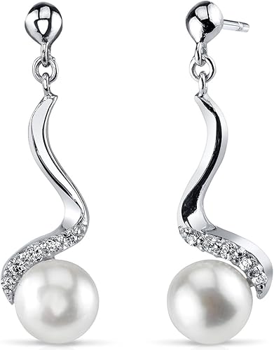 Peora Sterling Silver Freshwater Cultured White Pearl Pendant Necklace and Earrings, Spiral Drop Design