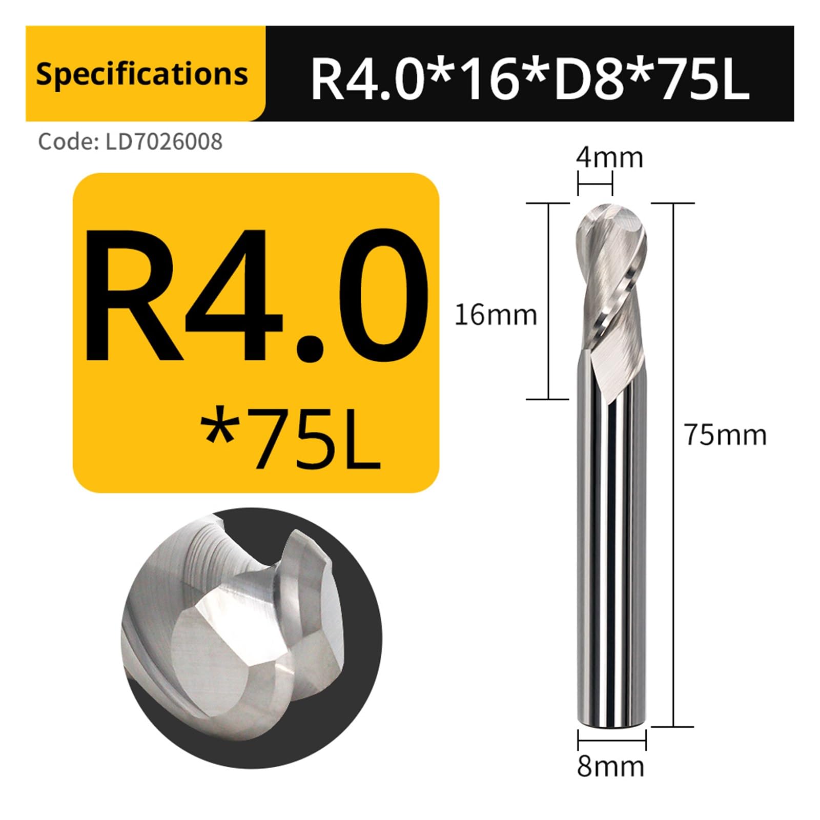 Fresas de Punta esférica, 1/5 Uds CNC 2 Flauta HRC65 Fresa de Punta de Bola de carburo Broca de tungsteno Madera PVC acrílico Varios tamaños(1pc,R4xD8x75L)