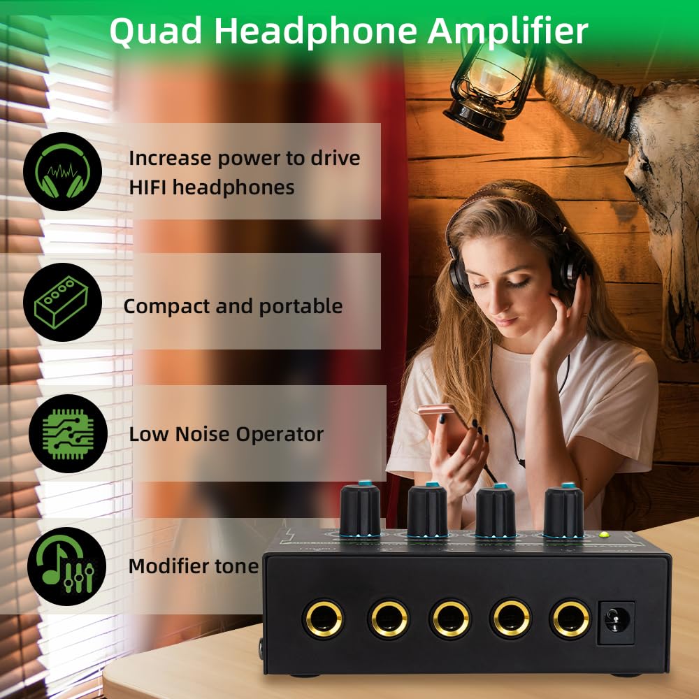 Btuty Amplificateur Pour Casque Stéréo à 4 Canaux Mini Amplificateur Audio avec Adaptateur D'alimentation DC 12 V Interface D'entrée/Sortie De 6,35 MM Splitter