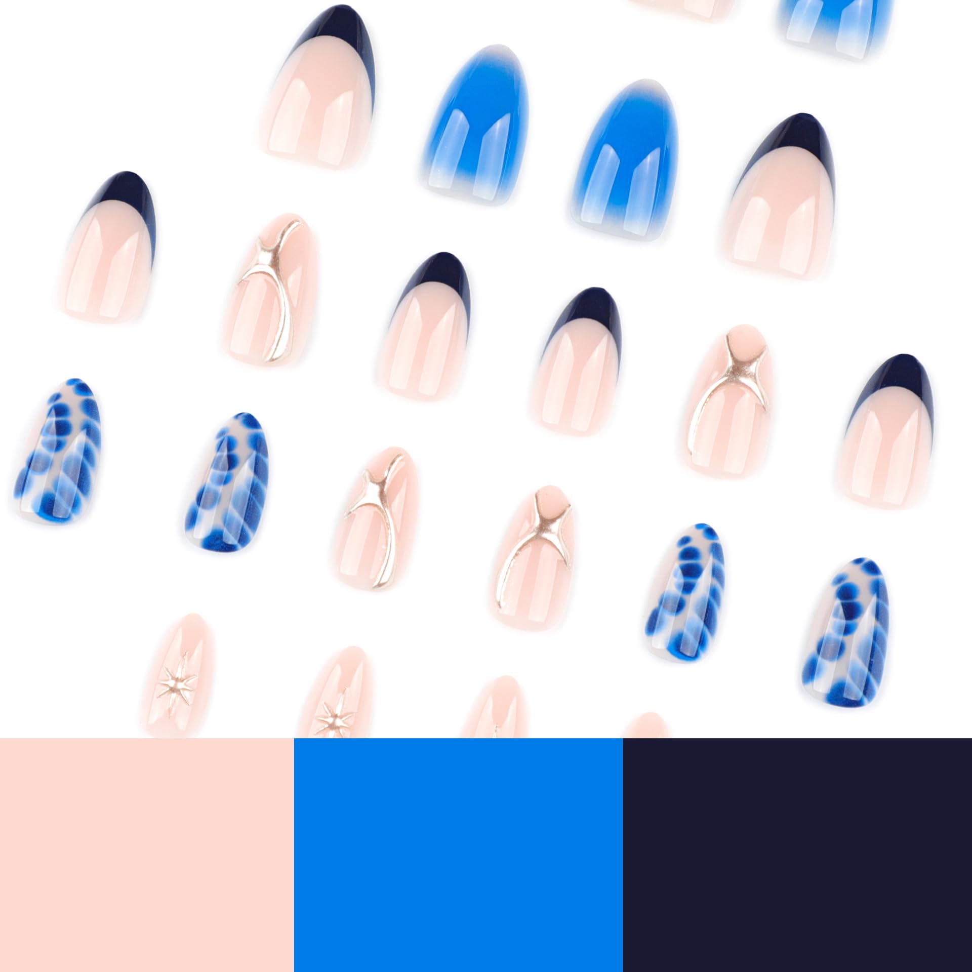 SXVME Royal Blue French Tip Press on Nails Short Almond with 3D Gold Lines Stars Full Cover False Nails Short Stiletto - Image 4