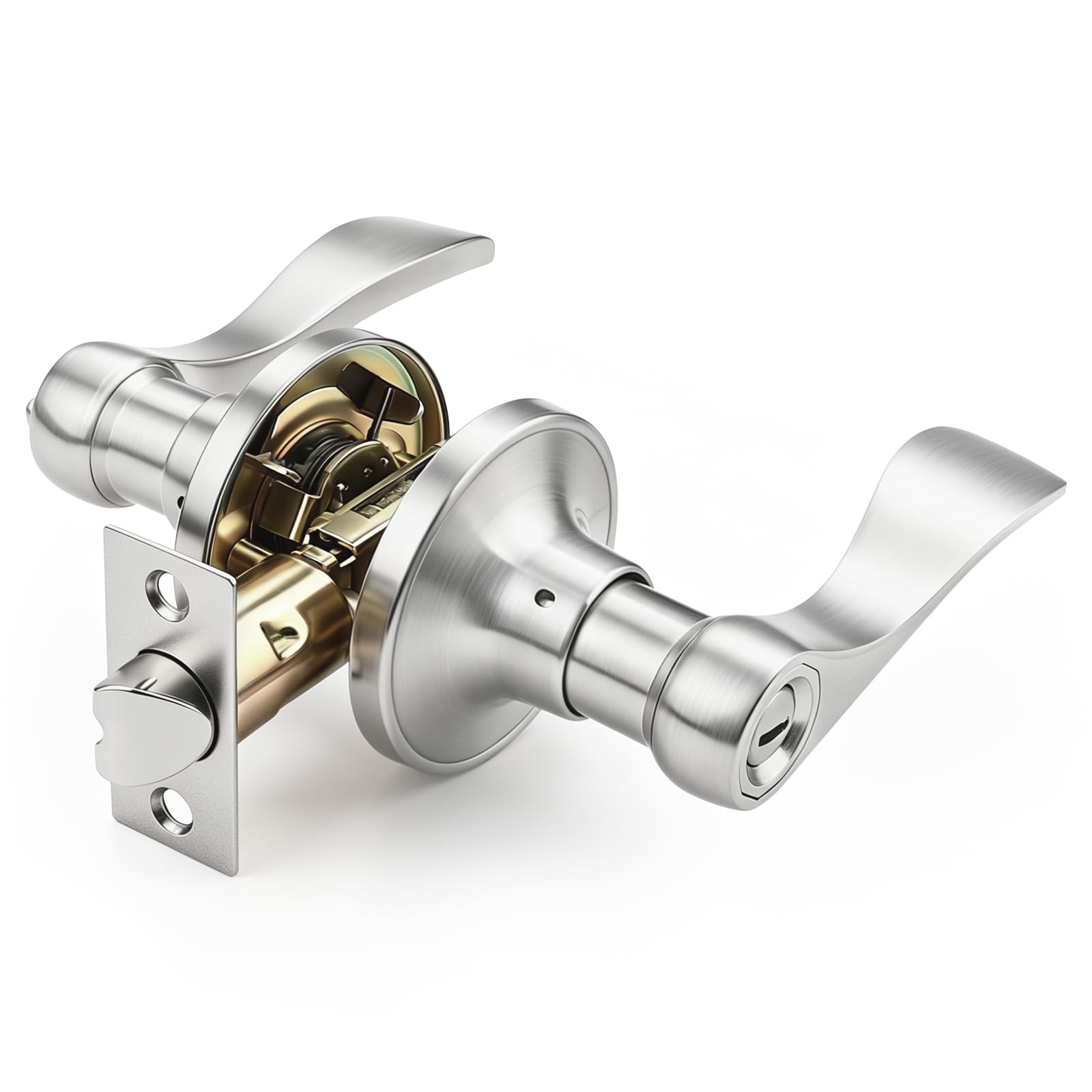 Brotima Satin Nickel 1 Pair Privacy Door Lever Handle for Bedroom and Bathroom, Keyless Interior Wave/Drop Style Brushed Nickel Door Knob, Adjustable Latch for 60/70mm Backset