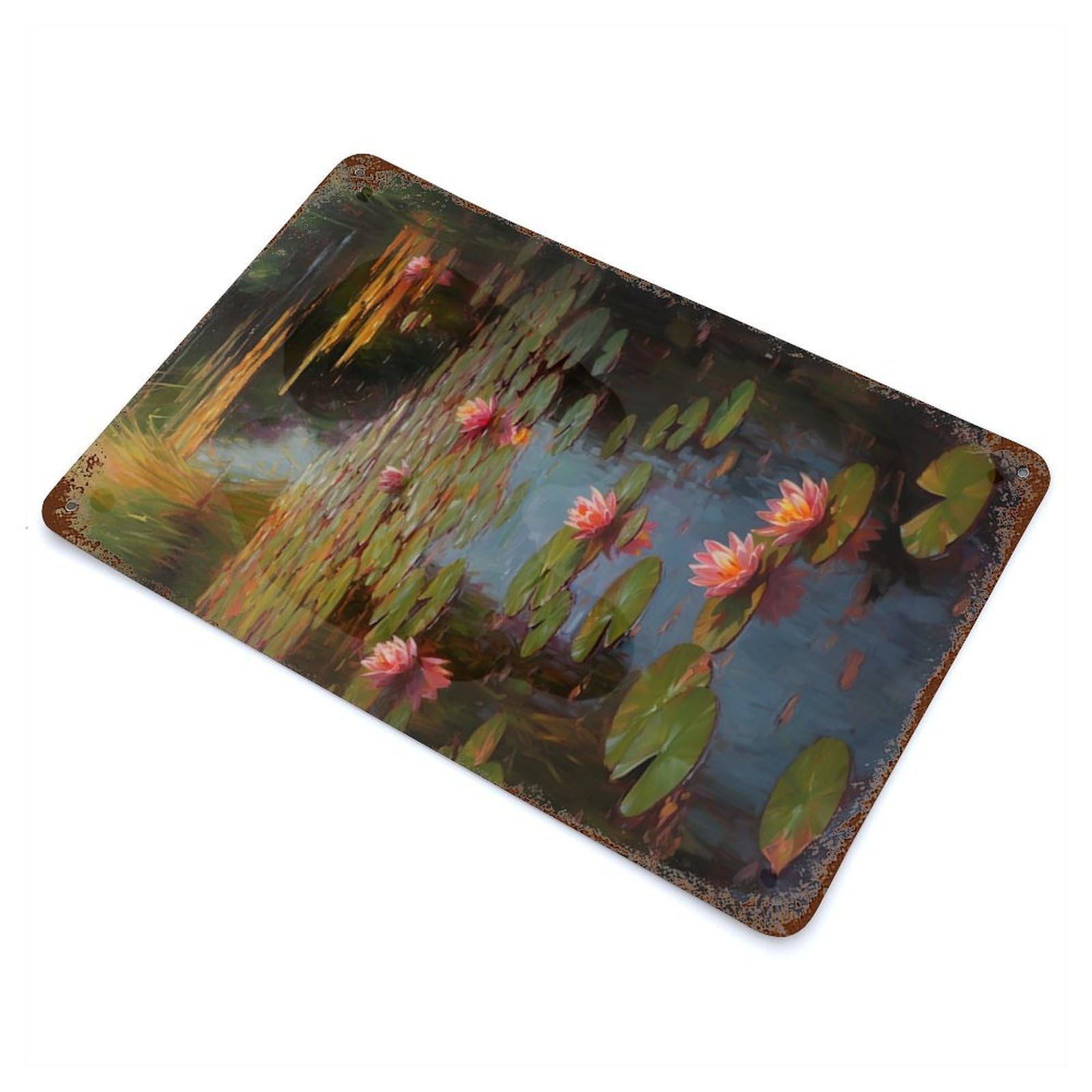 Distressed Metal Wall Sign with Lily Pond Design 11.8"x7.9", for Living Room, Hallway And Home Decor, Vintage Wall Decor