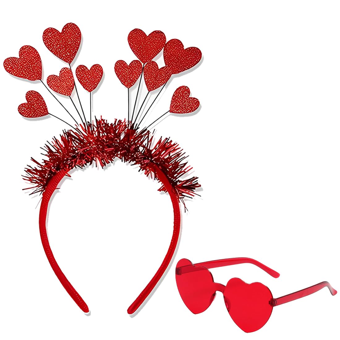 Set Accessori Cuore San Valentino - 2 Cerchietti + Occhiali A Forma Di Cuore Con Paillettes - Foto 3