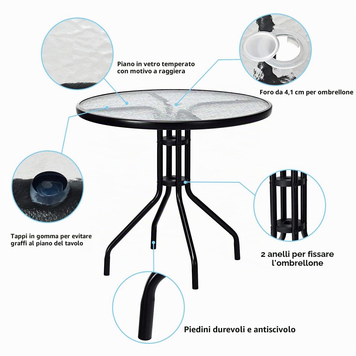 KOMFOTTEU Tavolo da Giardino Rotondo con Foro per Ombrellone, Tavolo da Pranzo con Piano in Vetro e Telaio in Metallo, 70 x 70 x 71 cm, Tavolino da Esterno Classico per Cortile, Terrazza, Balcone