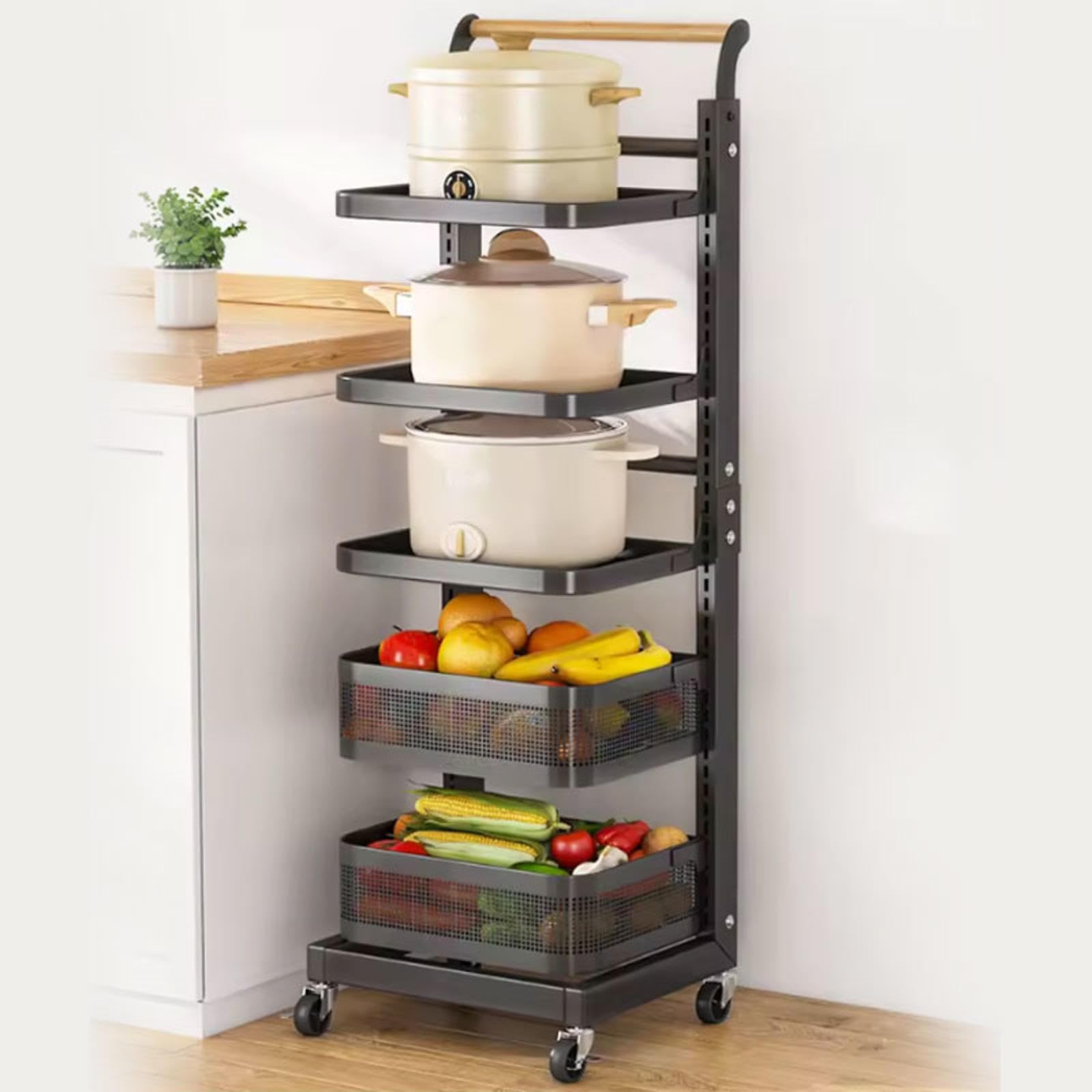 Expandable Microwave Oven Rack Free Standing Kitchen Storage Shelf with 5 Boards & 2 Baskets Corner Plate Rack for Cupboard Black Kitchen Organizer