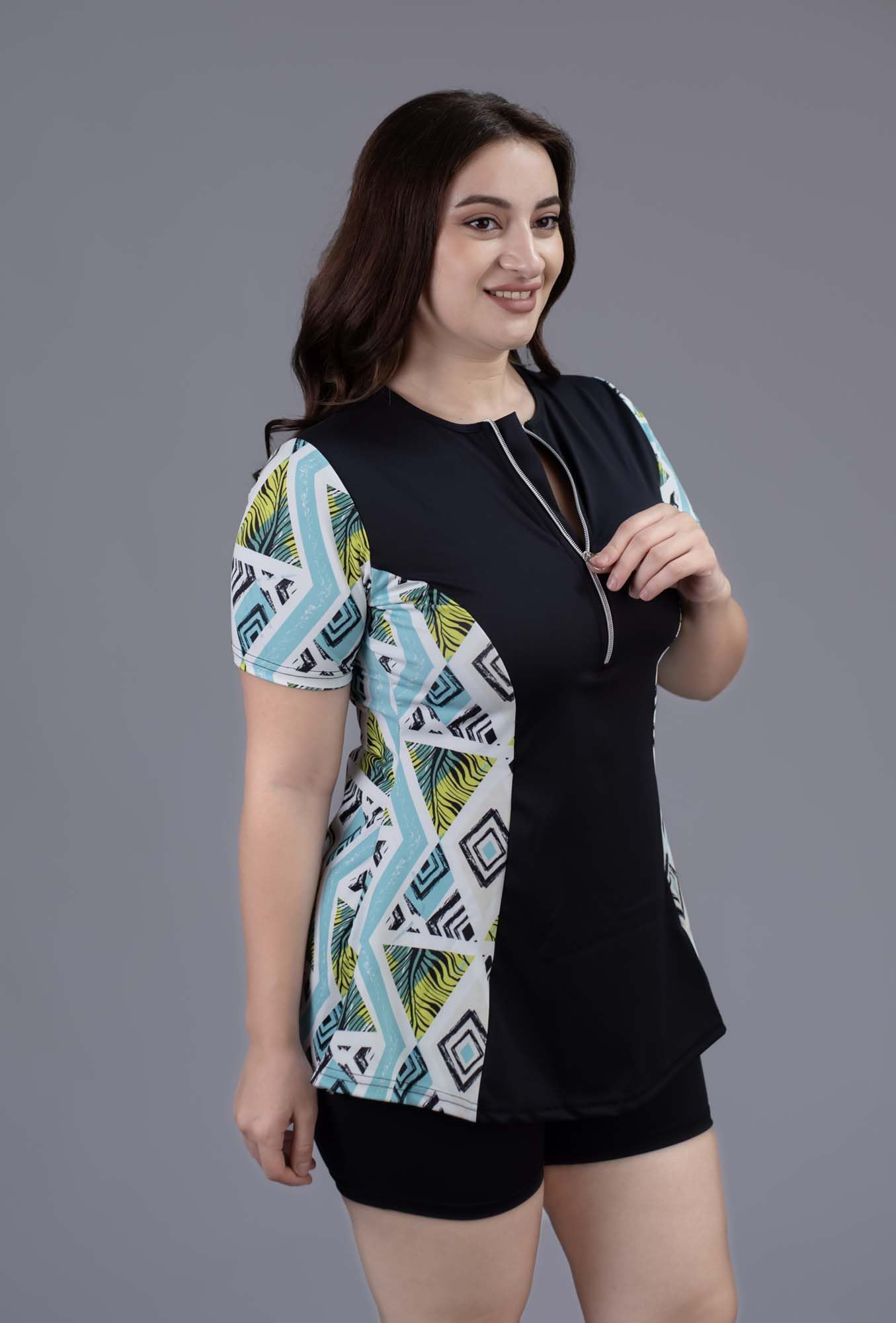 Keepfit Printed Medium Coverage geomatrical Printed 2 Piece Padded Plus Size Swimset for Women Turquoise Black |Swimming Suit for Women 4
