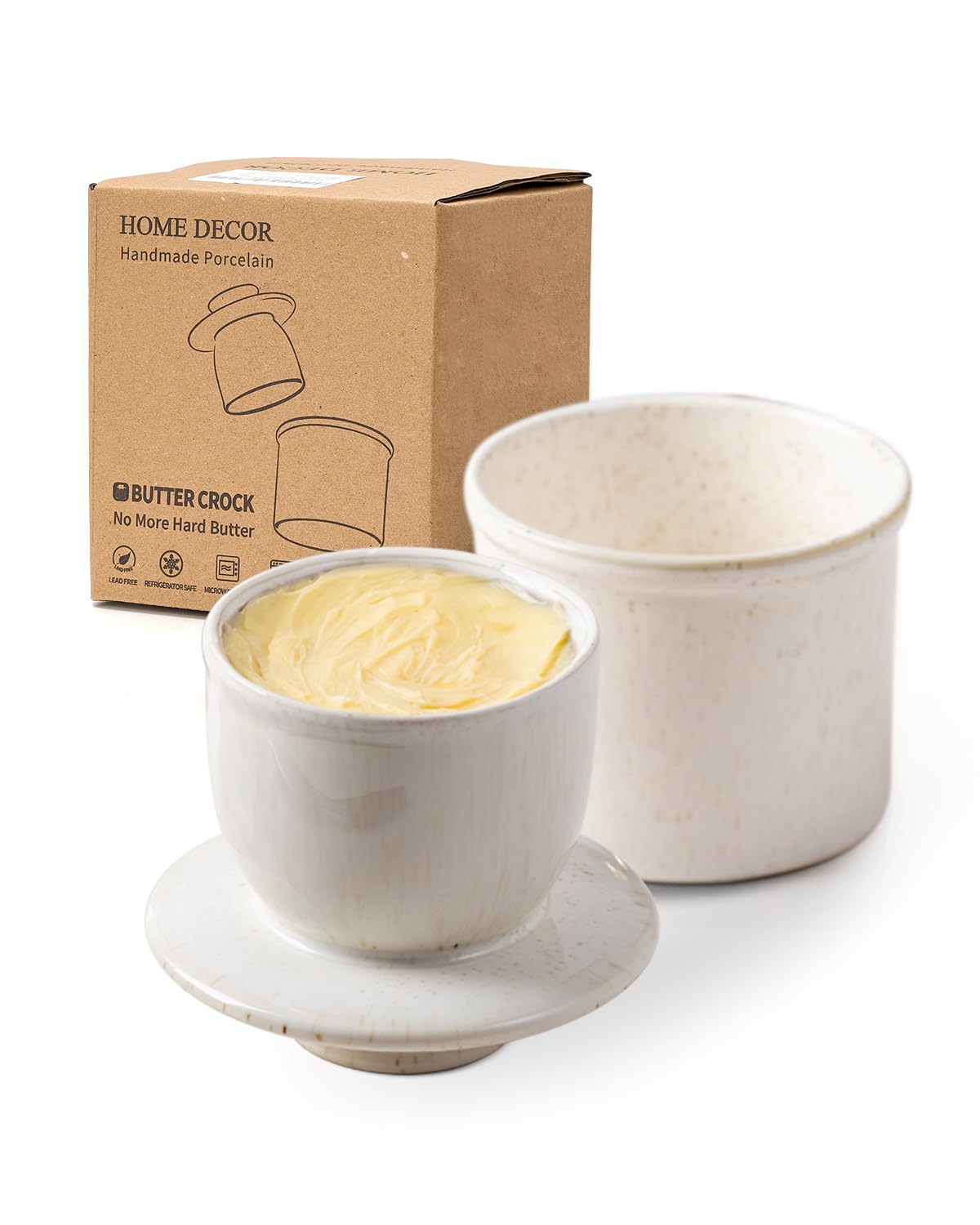 HOME DECOR Reactive Glaze Butter Crock, French Butter Dish with Lid for Counter, Butter Keeper with Water Line for Fresh Spreadable Butter -Reactive White