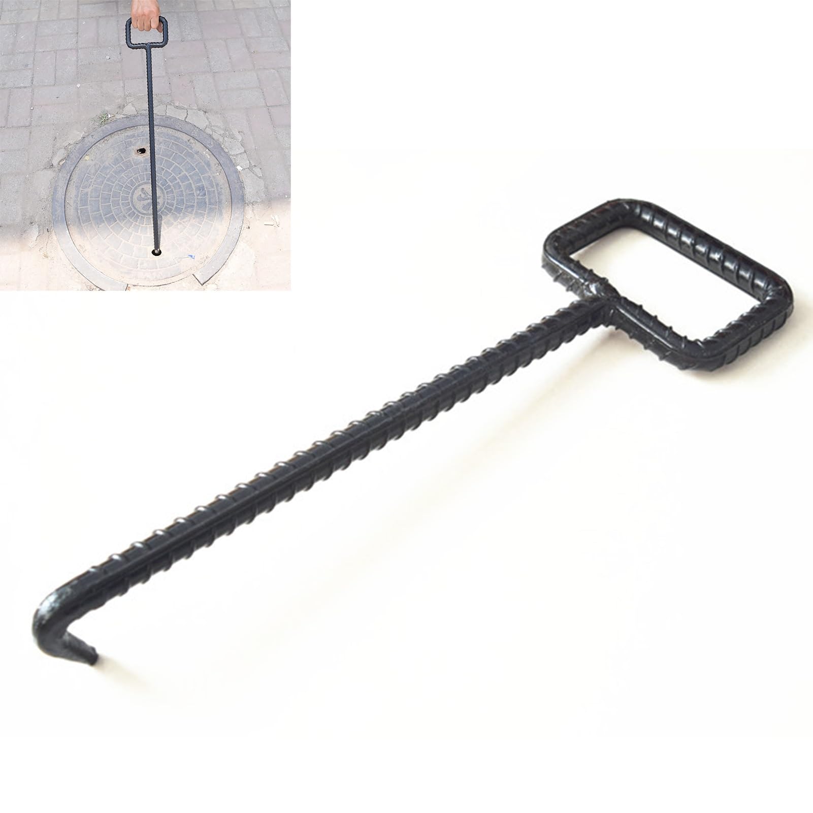 ZIMGOD Anti Skid Manhole Lifting Hook with Threaded, Single Handy Drain Grate Keys for Moving Pulling, Solid Metal Sewer Lid Lifter for Outdoor(79cm (31 1/8